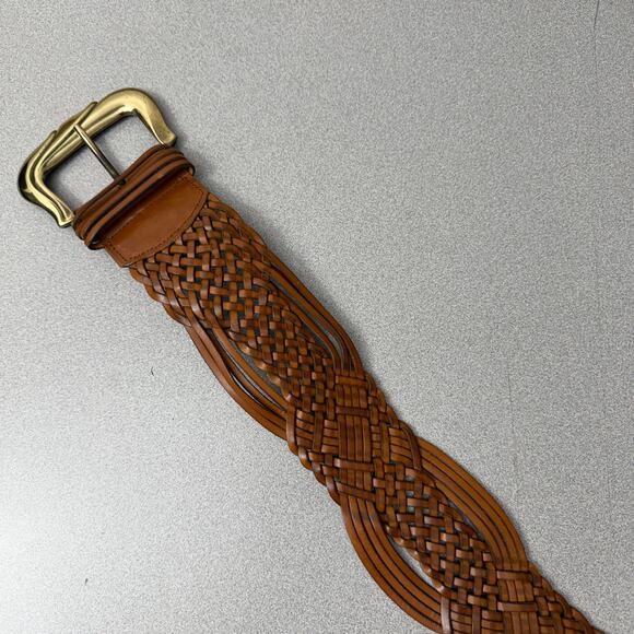 Neiman Marcus Woven Leather Belt Womens Large Brown Goldtone Buckle Wide Boho - Picture 3 of 6